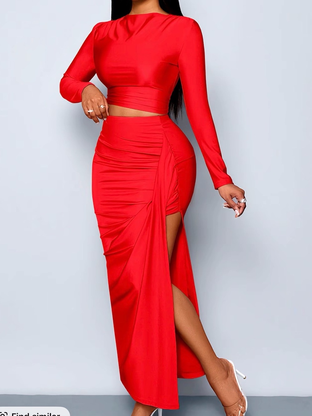 Red Ruched High-Slit Maxi Skirt SET